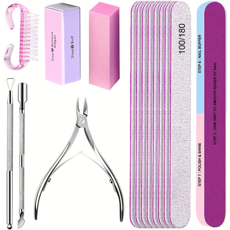 TEMU 15pcs Nail Art Kit | Includes 100/180 Grit Professional Files, Buffer Sponge Block, Brush, Nail Scissors, Cuticle Nipper, Pushers For Gel Polish Manicure And Pedicure