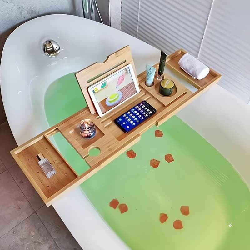 TEMU Expandable Wood Bath Caddy Tray - Adjustable Reading Rack, Retractable Bathtub Tray Rack, Space-saving, Water-resistant, Easy-to-install Bathtub Accessories For Relaxing