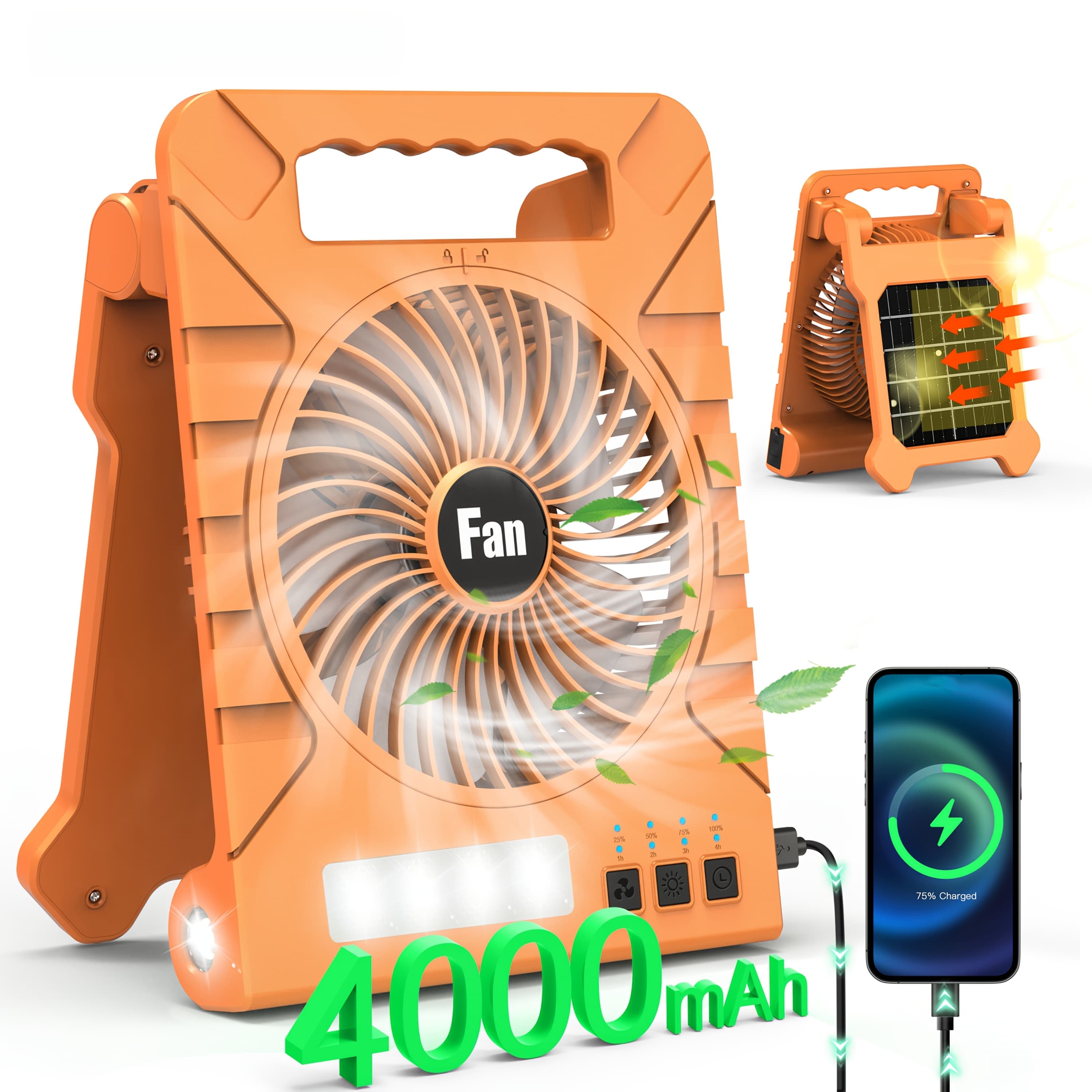TEMU Solar Camping Fan Portable Rechargeable Battery Operated Fan 4 3-mode Led Light Flashlight 4 Timers 90° Foldable Stand For Travel Fishing Picnic Power Bank