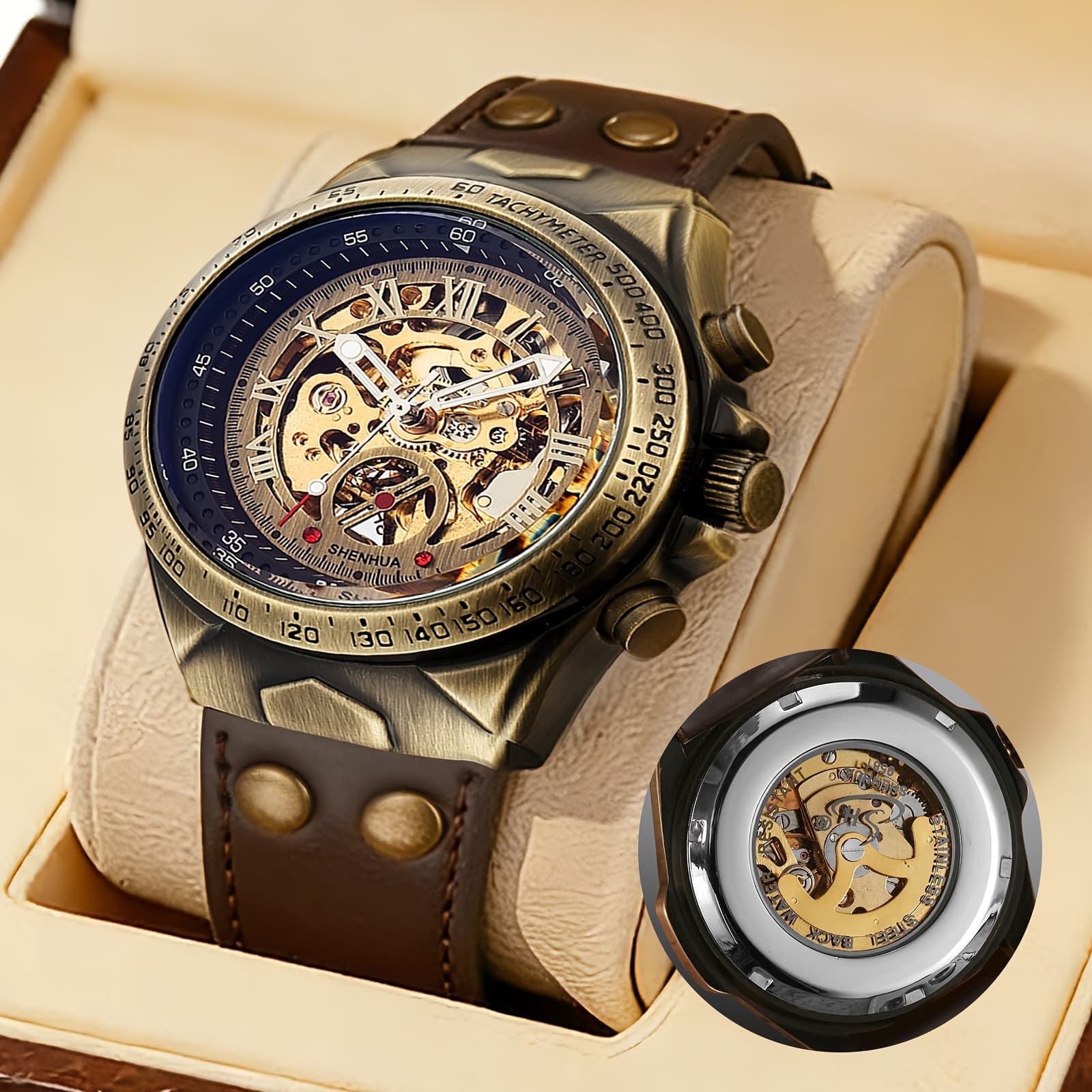 TEMU Men' Mechanical Wristwatch, Roman Classic Wrist Watch, Retro Skeleton Fashion Accessory, Easter, Father's Day & Birthday
