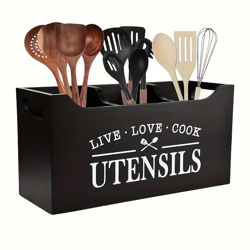 TEMU Traditional Wooden Utensil Holder Caddy Featuring The 'live ', Designed As An Open- Organizer With Baskets And Containers