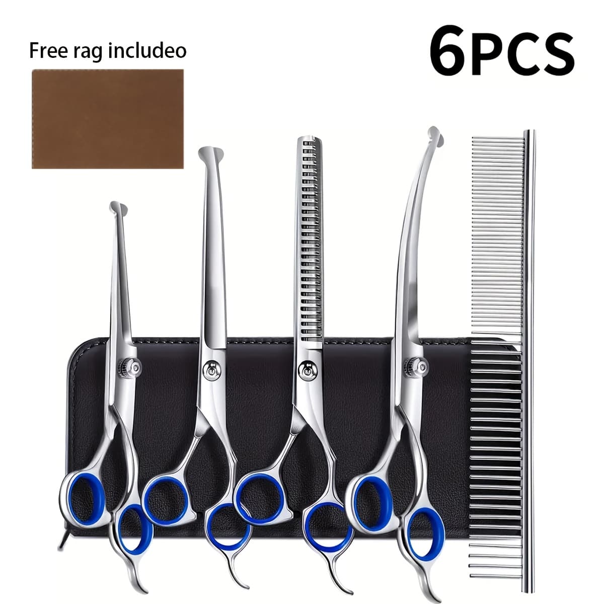 TEMU 6pcs Professional Pet Grooming Scissors Kit With Safety Rounded Tips & Stainless Steel Thinning Shears - Heavy-duty Hair Kit For Trimming, Threading, And Grooming (complete Set)
