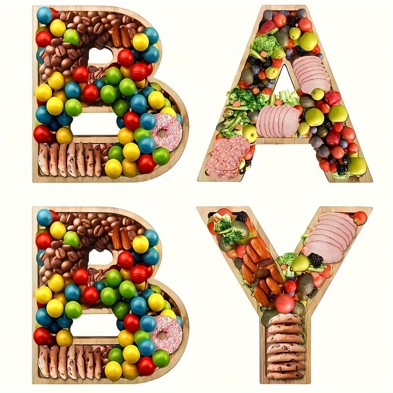 TEMU 4pcs Baby Shower Wooden Charcuterie Letter Boxes Set Baby Shaped Letter Serving Tray Board Dish Decorative Platter For Snack Food Cake For Gender Reveal Birthday Party
