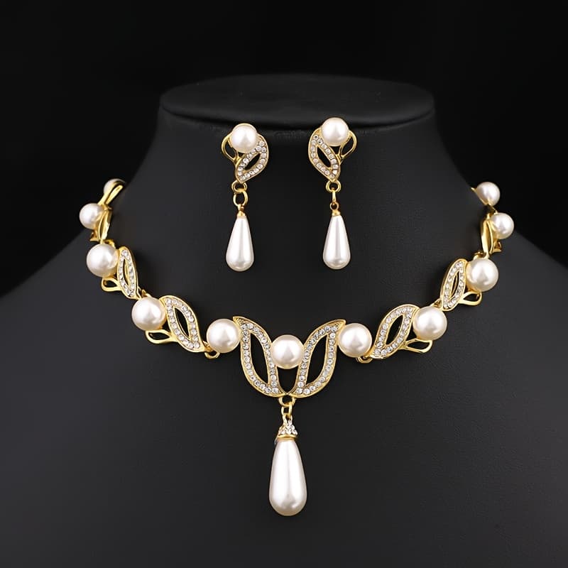 TEMU Wedding Necklace Set, 3pcs Jewelry Set, Golden Stud Earrings And Necklace Set