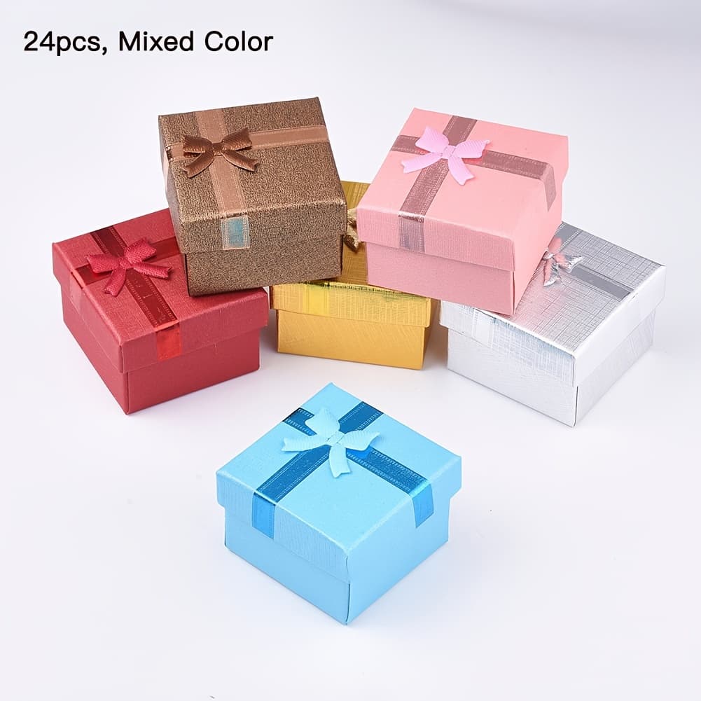TEMU Random 24pcs Mixed Colors Square Paper Jewelry Boxes With Sponge, 5.1x5.1x3.5cm, Suitable For Jewelry, Rings, Earrings, Necklace, Bracelet Packaging
