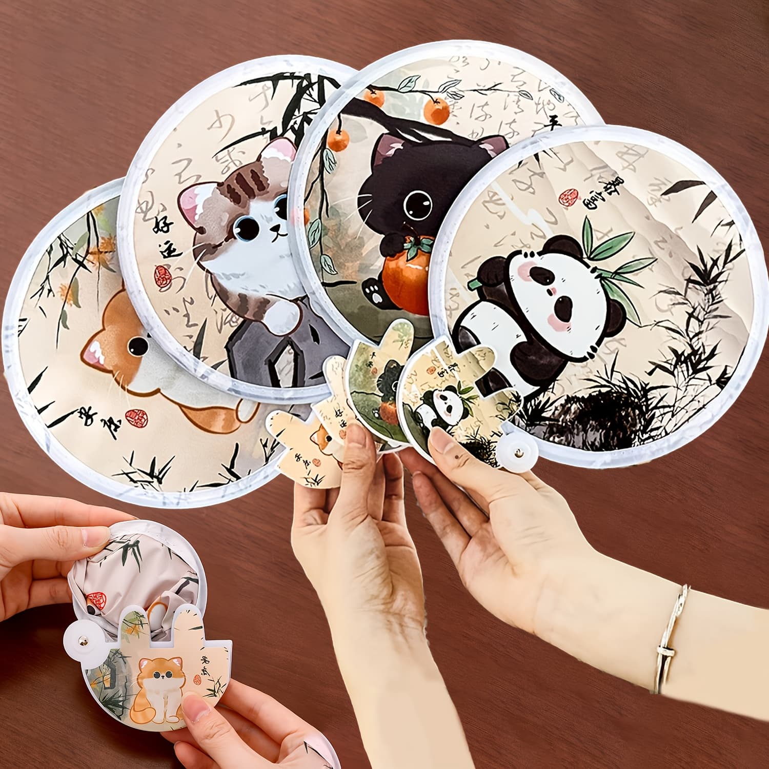 TEMU 4pcs Cute Cat Folding Fans - ( Cat) Design, 2-in-1 Cooling &, Portable Handheld With Storage Bag, Summer Accessory For &, /holiday Gift ( Style Cat )