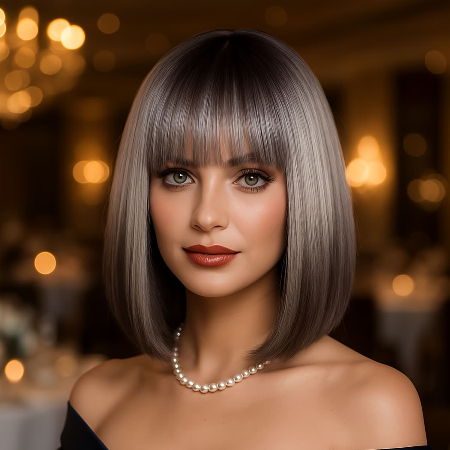TEMU 12-inch Shoulder-length Synthetic Wig For Women Featuring An Ombre Gray- With Bangs. It Has A Breathable, Heat-resistant And Offers A For Everyday Use, Parties, Or Dates. Styling Is Easy