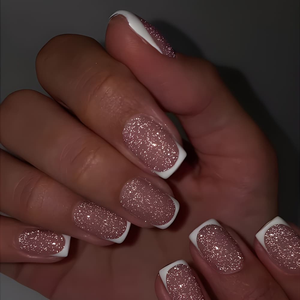 TEMU 24 Pcs Glossy Medium Square Press On Nails Pink And White French Tip False Nails Glitter Artifical Reusable Fake Nails For Women