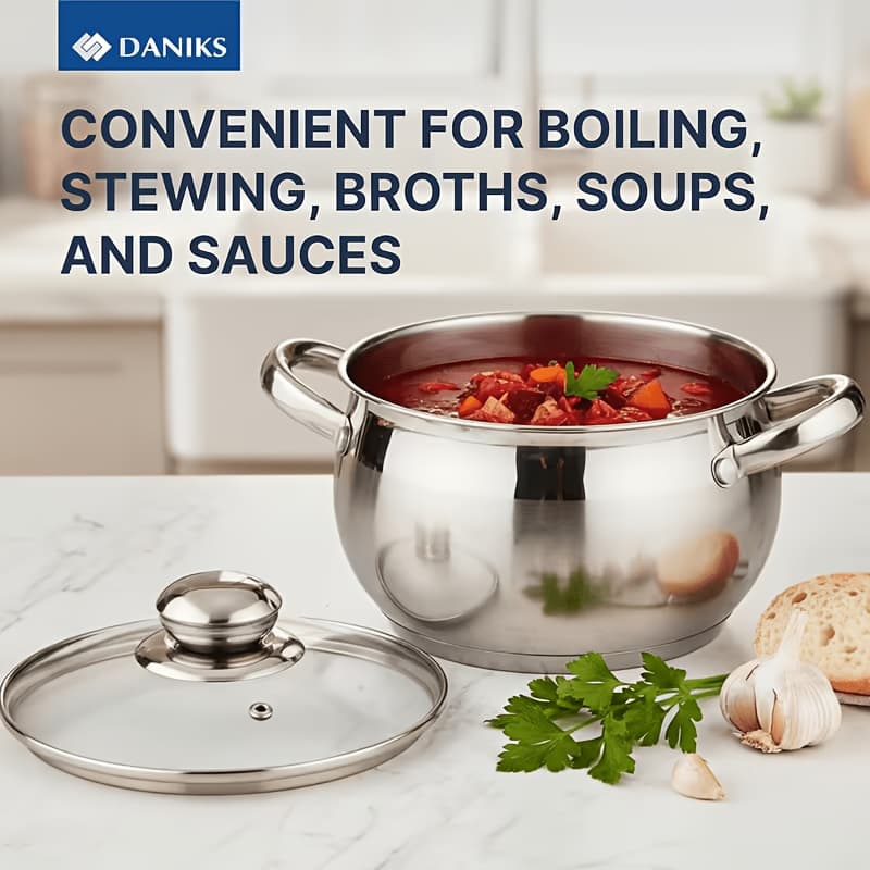 TEMU Stainless Steel With Glass Lid, Soup Pot, Bottom For Heating For Soup, Pasta, Stew, Silvery, Induction Compatible, Dishwasher Safe
