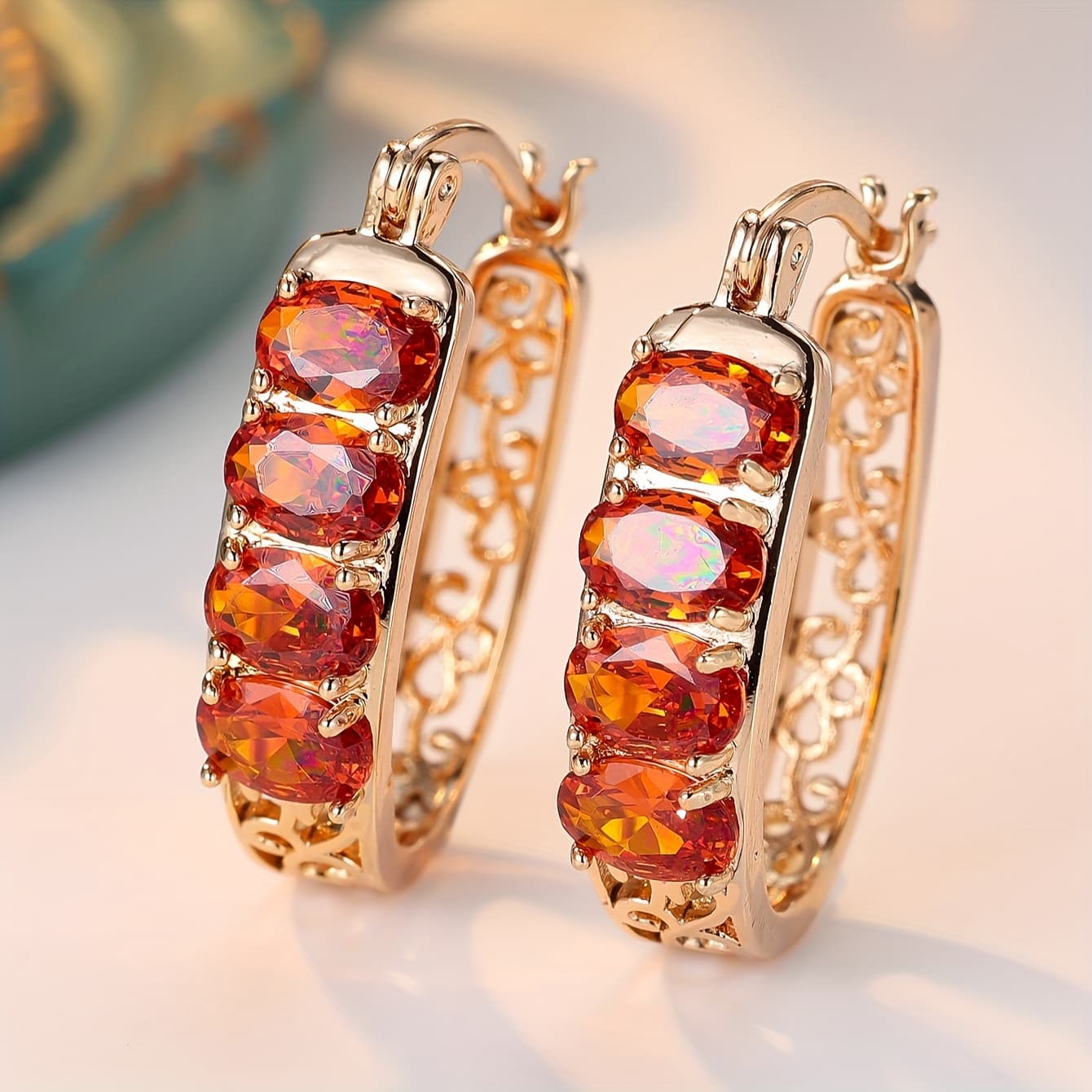 TEMU 1 Pair Luxury Oval Red Synthetic Zirconia Golden Earrings For Women, Holiday Wear, Durable And Shiny Accessories