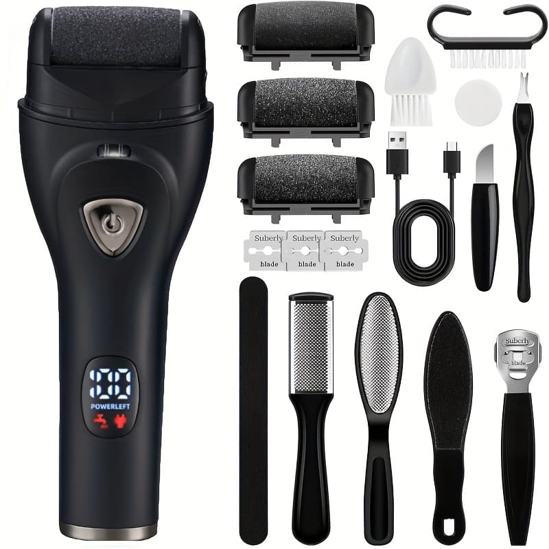 TEMU Usb Rechargeable Electric Foot Remover With I7 Waterproof Rating, Multiple Speed Options, Digital Smart Display, And A 10pcs Foot Care Set, Perfect As A Holiday Gift For