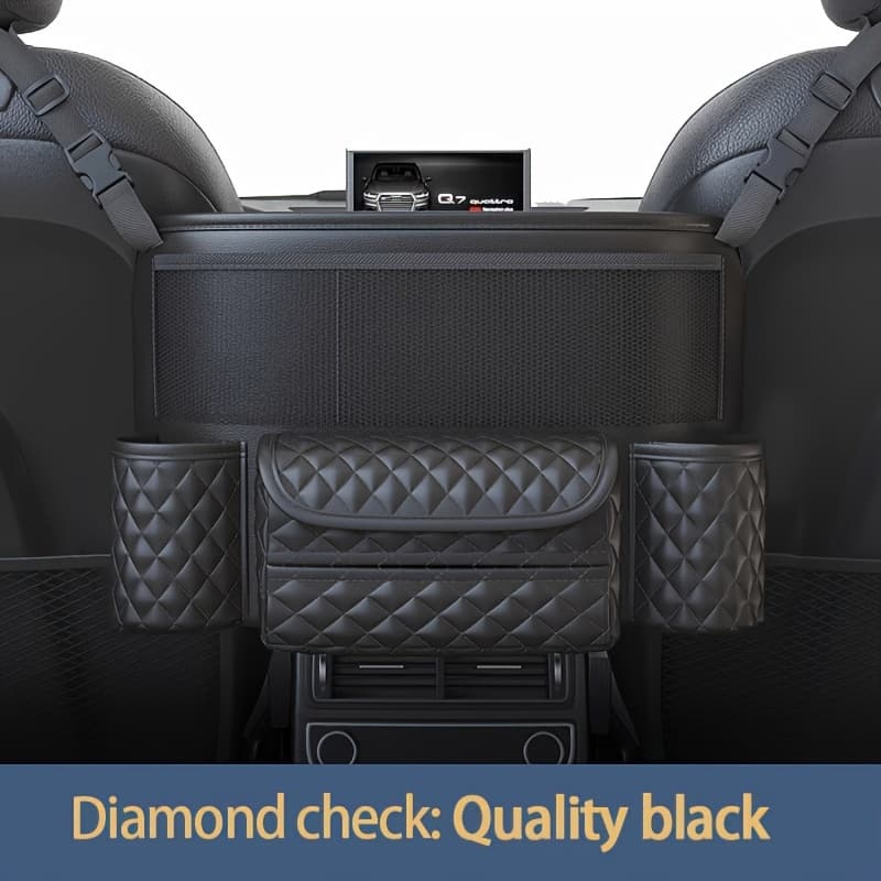 TEMU 1pc Pu Leather Car Seat Organizer - Diamond Lattice, Large Capacity With Handbag Holder, Cup Holder & Tissue Box - Car Interior Accessory