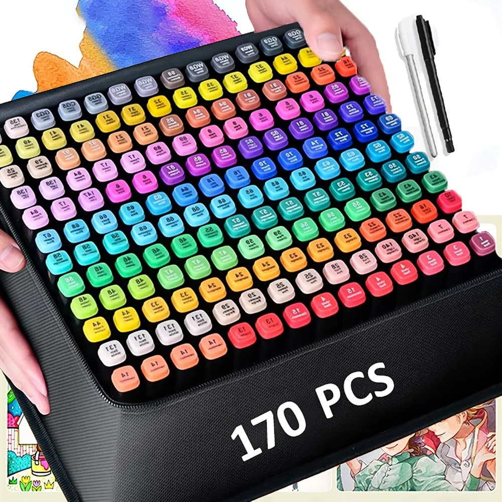 TEMU 30/168/170pcs Marker Set, Dual Tip Blender Art Markers For Drawing Sketching Coloring Artist Pens And Underlining, Art Markers For Adults, Artists, Illustrators