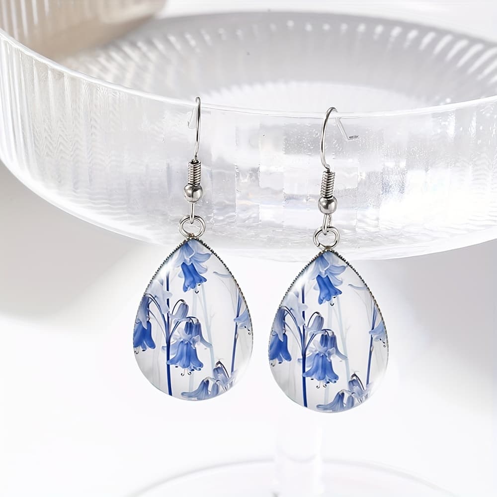 TEMU 1 Pair Flower Tear Drop Earring Handmade Glass Dome Dangle Earrings Jewelry