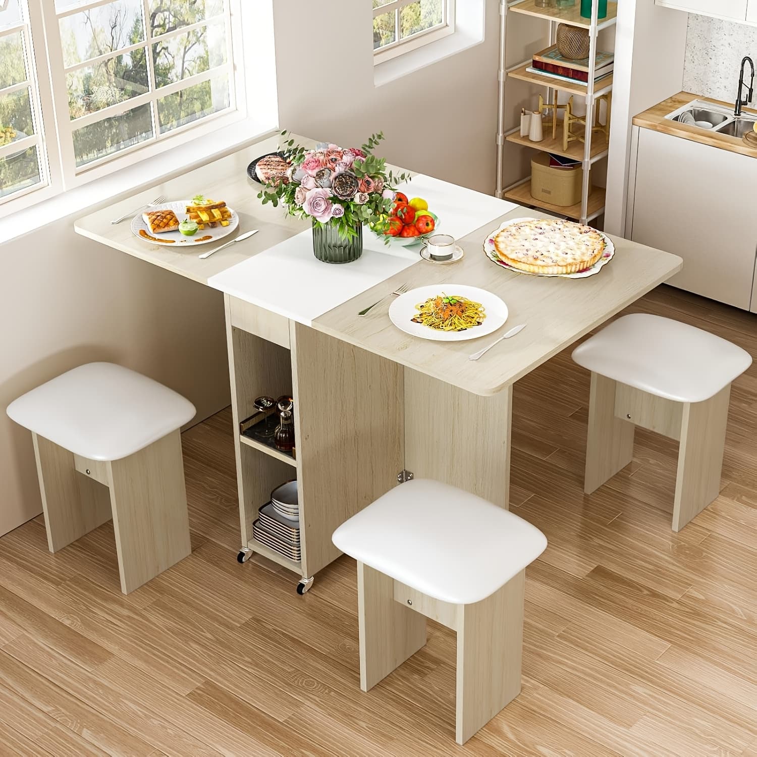 TEMU Folding Dining Table Set For 4, Kitchen Table With 4 Leather Chairs And Shelves, Space Saving Wood Rectangle Foldable Kitchen & Dining Room Tables For Small Space With 6 Wheels