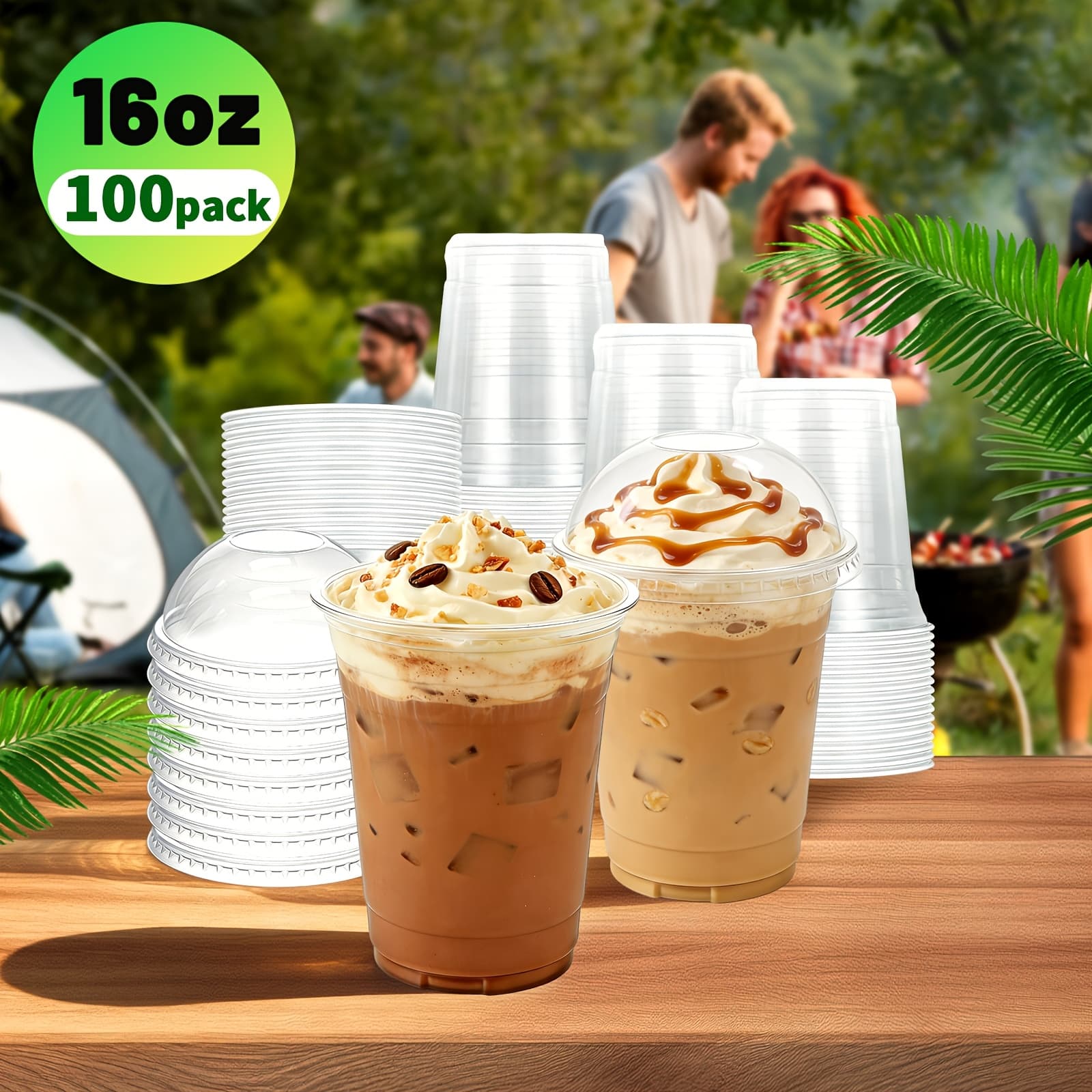 TEMU 100 Pack 16oz Clear Plastic Cups With Dome Lids, Leakproof Heavy Duty Disposable Drink Cups For Iced Coffee, Bubble Tea, Smoothies & Juice, Stackable Cups For Cafe & Food Service