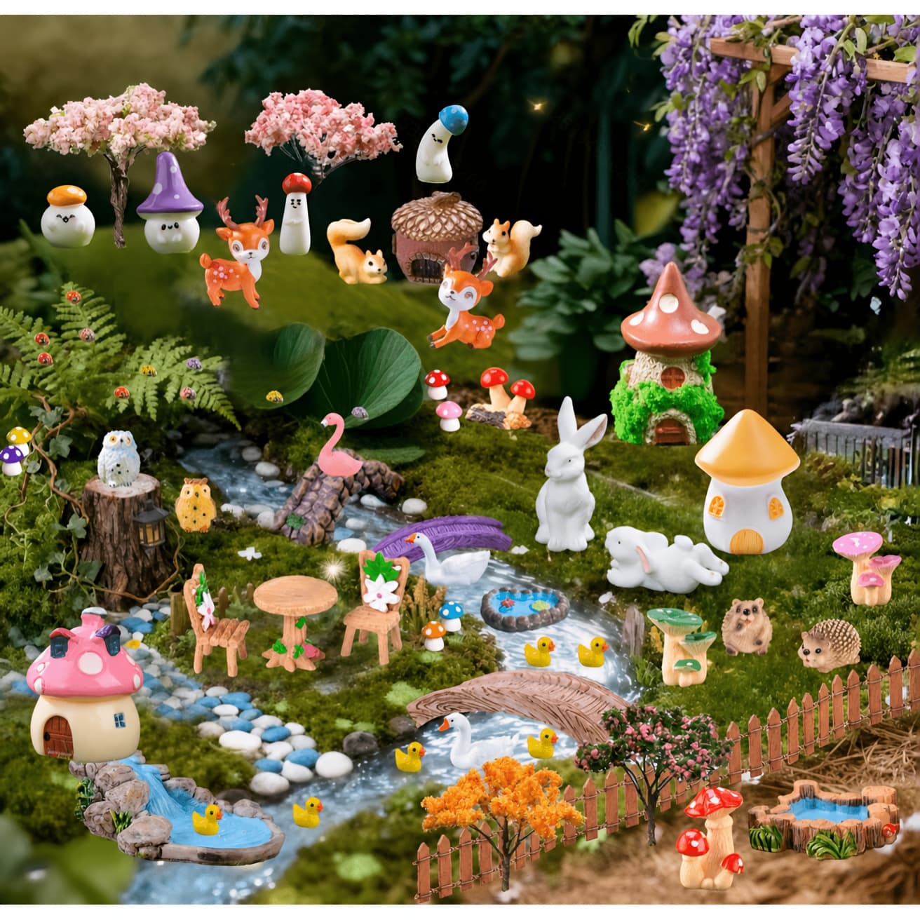 TEMU 65pcs Fairy Garden Accessories Garden Kit With Resin Fairy House Mini Bunny Squirrel For Micro Landscape Dollhouse Succulent Craft