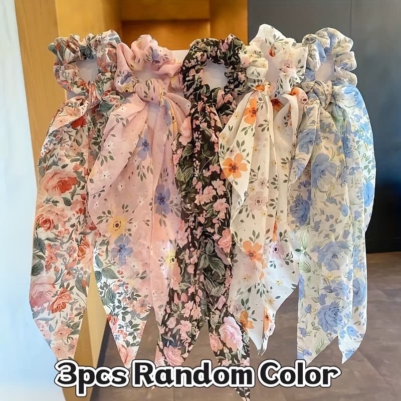 TEMU 3pcs Set, Random Color Ribbon Floral Print Hair Ties, New Style Floral Print Headbands, Scarf Hair Ties, Hair Bands, Elastic Hair Ties