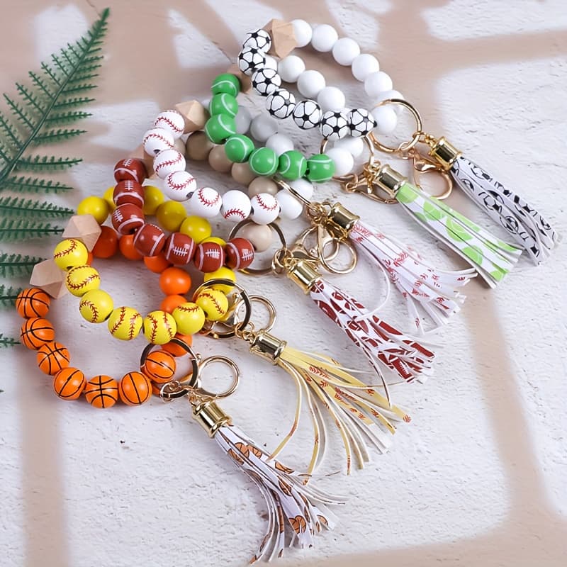 TEMU Set Of 6 Handmade Sports-themed Bead Strings Featuring Baseball, Basketball, , And , Complete With Tassel Keychains. Perfect For Preventing Loss And As Holiday Gift Additions