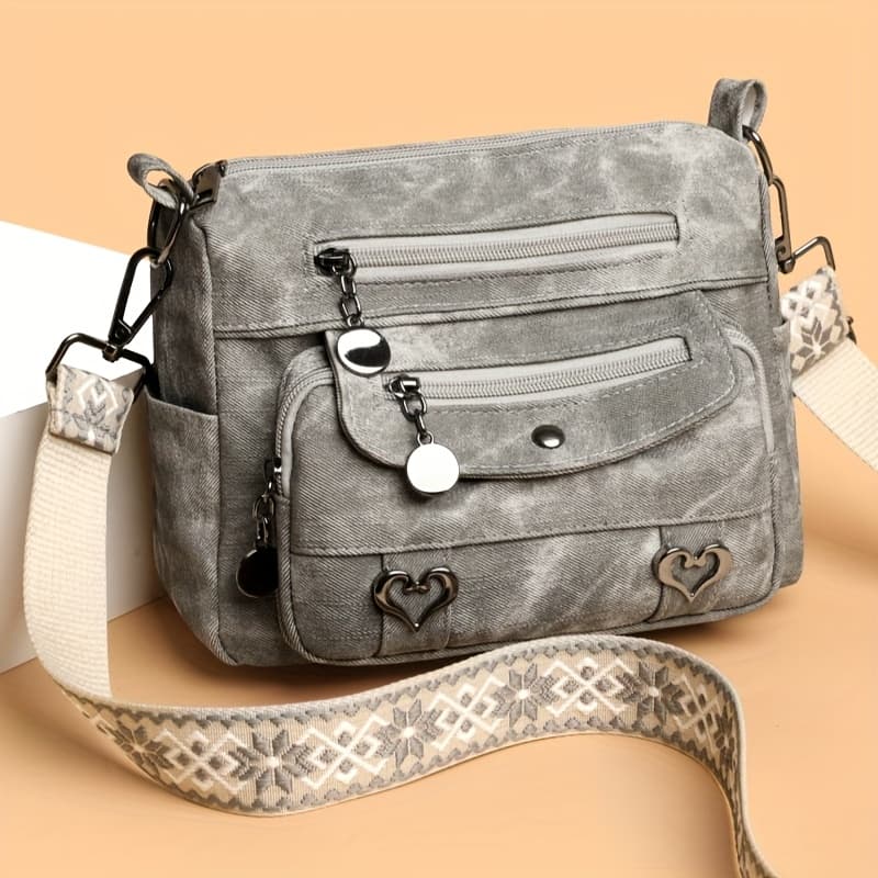 TEMU Perfect Lily Women's Bohemian Mini Crossbody Bag With Heart Pendant - Adjustable Wide Strap Shoulder Purse, Multi-compartment Zipper Wallet Suitable For Work, Travel, Daily Use, Lining, /grey///