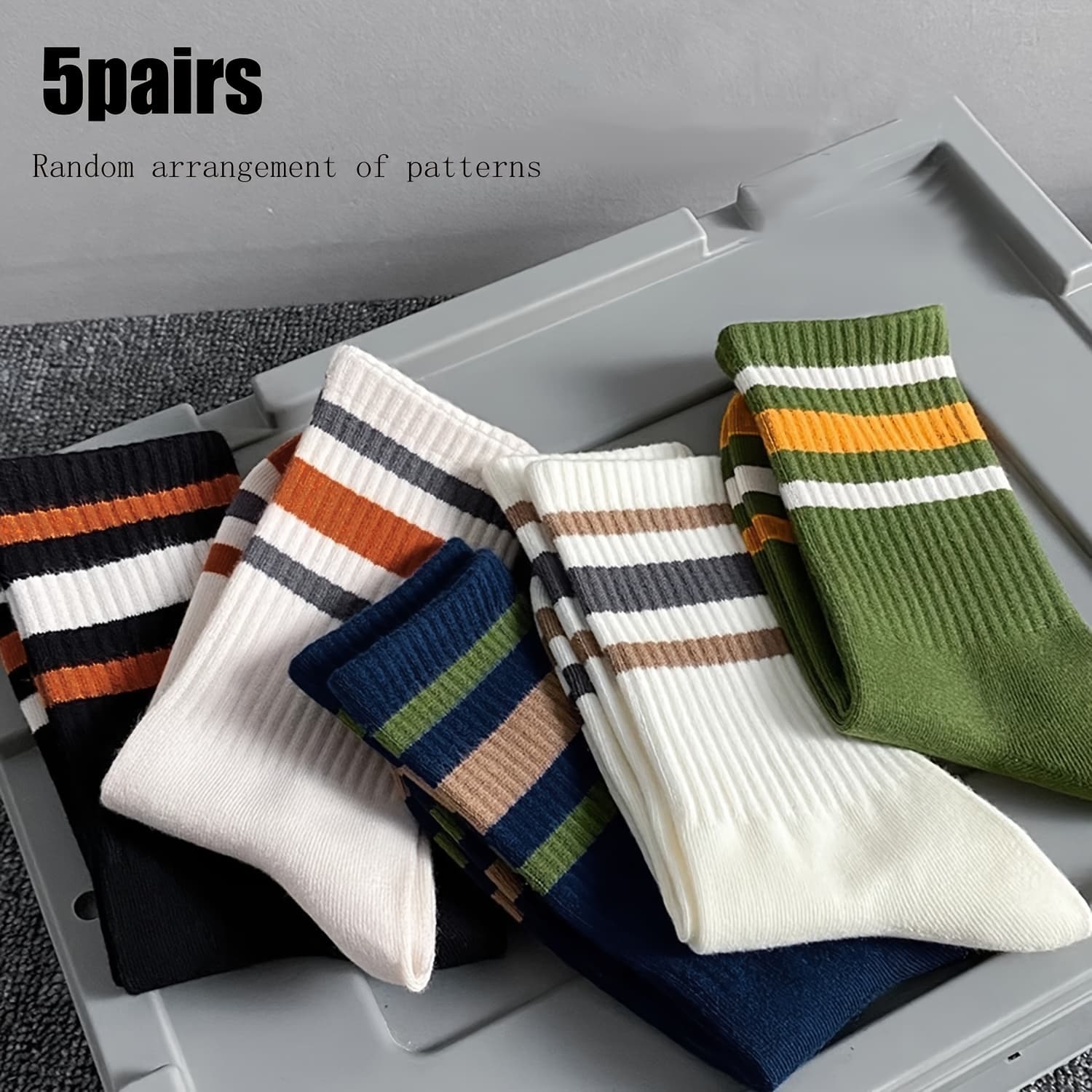 TEMU 5 Pairs Men's Socks, Simple Fashionable Striped Mid Tube Socks, Comfortable Versatile Breathable Floor Socks, Sports Socks Suitable Daily Outdoor Sports Wear