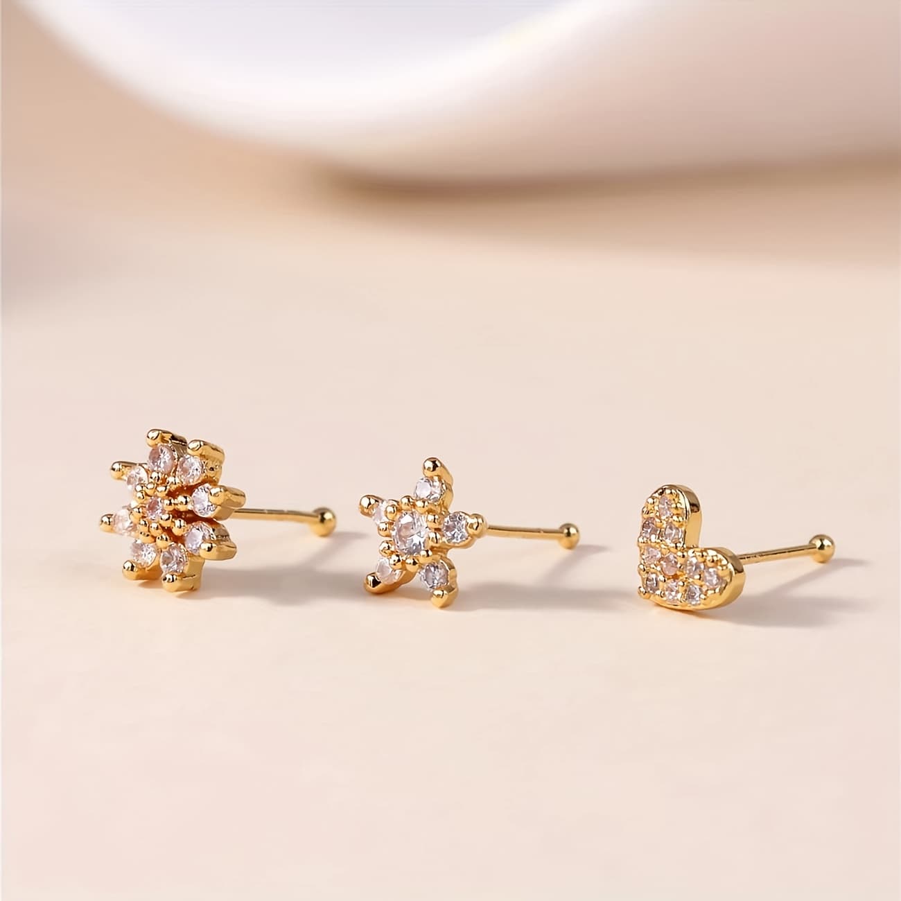 TEMU 3pcs Of Elegant And Cute Nose Rings And Earrings Set, Synthetic Zirconia, Copper Material, Suitable For Daily Wear And Gift , Suitable For All - Women's Nose Jewelry