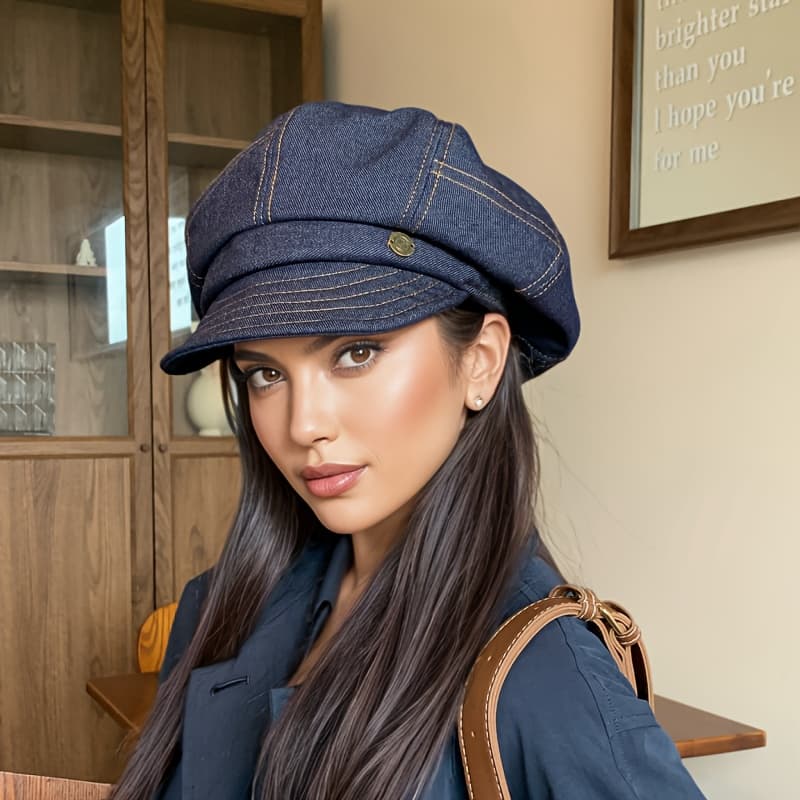 TEMU Women's Denim Beret, Artistic Style Painter Hat, Face-flattering Versatile Octagonal Hat, Women's Newsboy Hat.