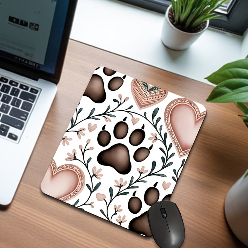 TEMU 1pc Fashion Mouse Pad With Heart And Animal Paw Print | Non-slip Rubber Base, Polyester Surface, 2mm Thick, Ideal For Home Office And Study, Perfect Gift For