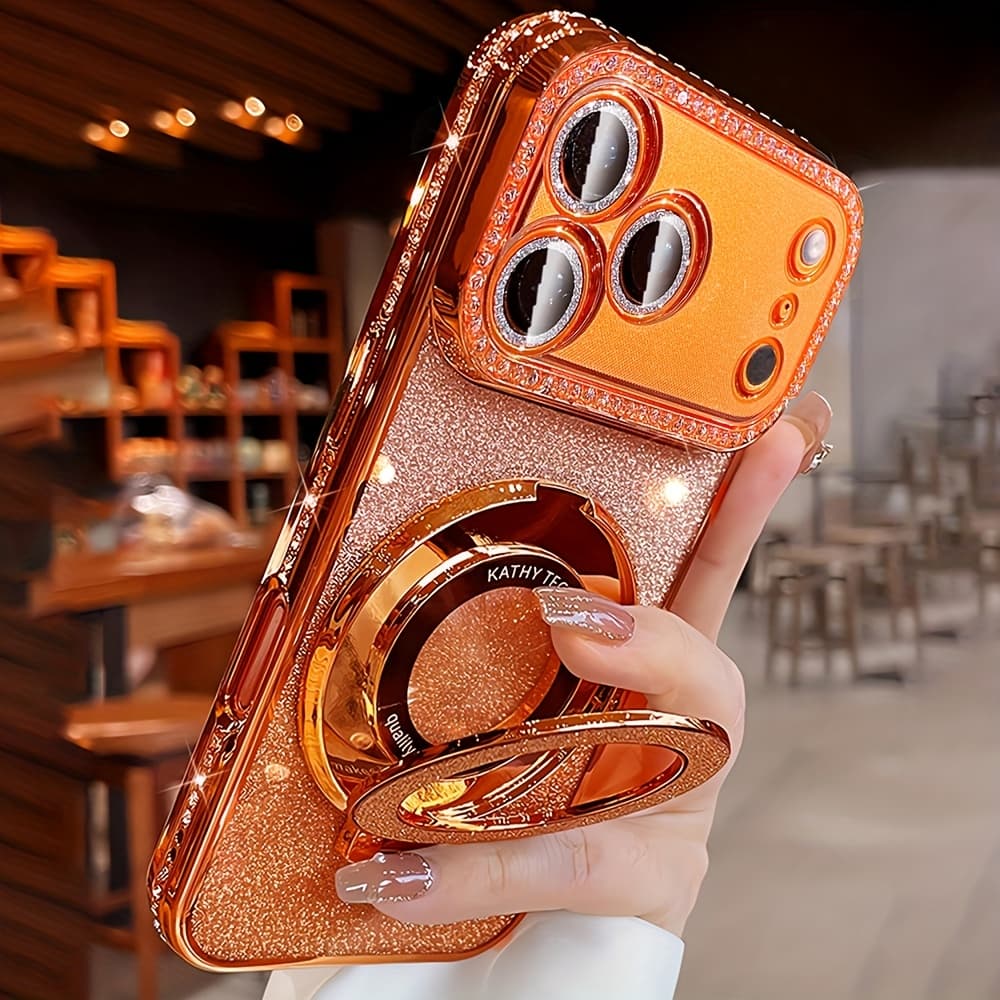 TEMU Phone Case: Luxury Bling Glitter Ring Holder Gradient Sequins Plating Phone Case For Iphone 17 Pro Max Air 16 15 14 13 12 Pro Max Girl And Women Orange Silvery Bracket Case