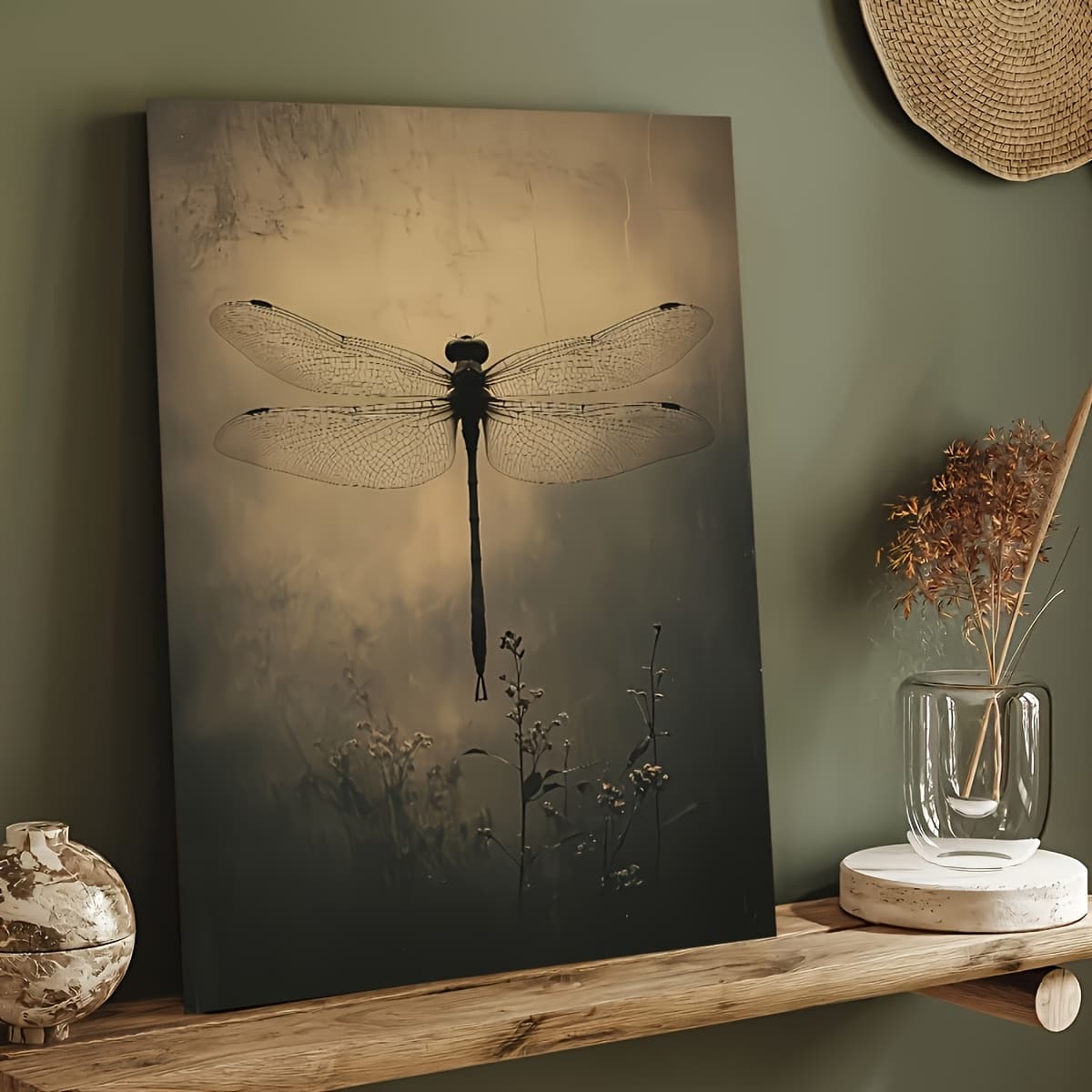 TEMU 1pc Vintage Gothic Dragonfly Canvas Art Print With Wooden Frame - Waterproof, Reusable Wall Decor For Living Room, Bedroom, Office, Or Kitchen, Dragonfly Decor