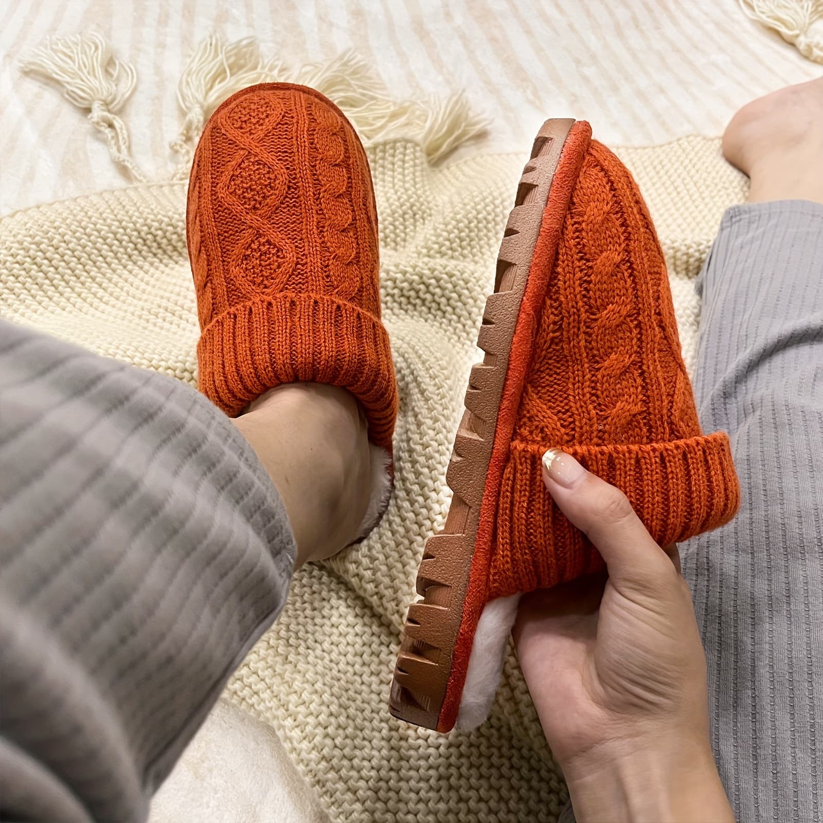 TEMU 3 Color Options , Women's Knitted Plush Warm Slippers, Comfortable And Non-slip Home Shoes For Indoor Or Outdoor Use., Women Shoes