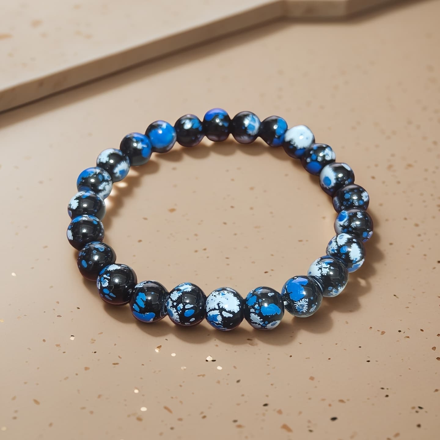 TEMU 8mm Black And White Blue Bead Stretch Bracelet With Colorful Printed Beads, Suitable For Men And Women, Perfect For Gifting