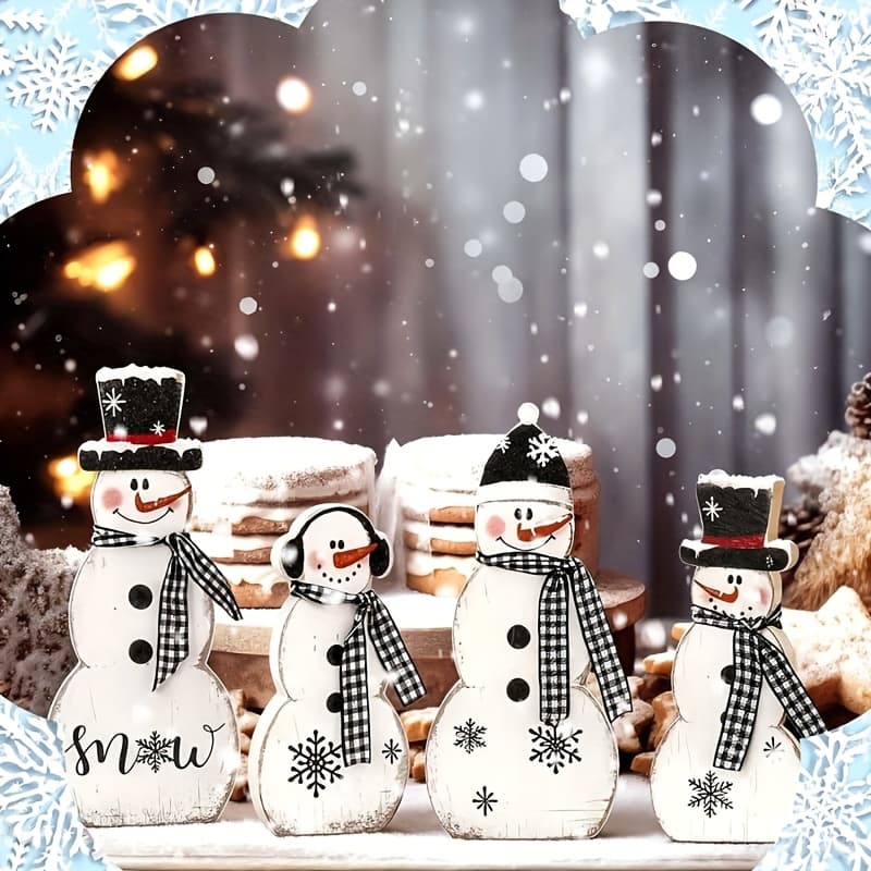 TEMU 4pcs Rustic Snowman Wooden Table Decorations - Cute 3 Standing Plaques Suitable For Indoor, For Home Desks, Offices & Christmas Party Decor - Irregular Shape Artificial Signs