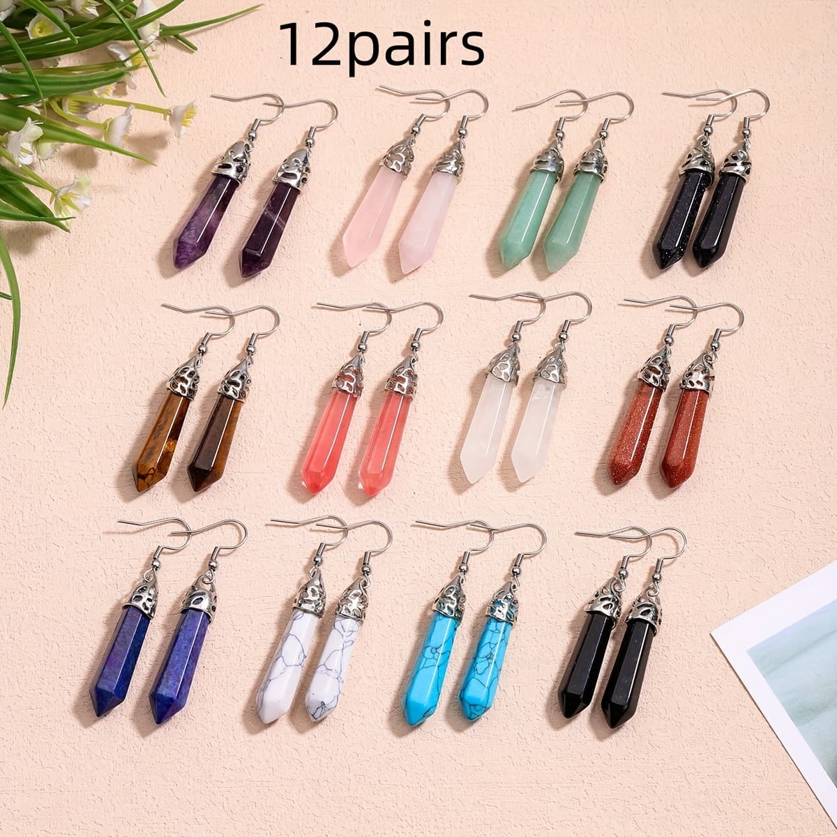 TEMU 12pairs Stone Earrings Sets For Men Women Natural Amethyst Rose Hexagonal Dangle Stainless Steel Hook Earrings