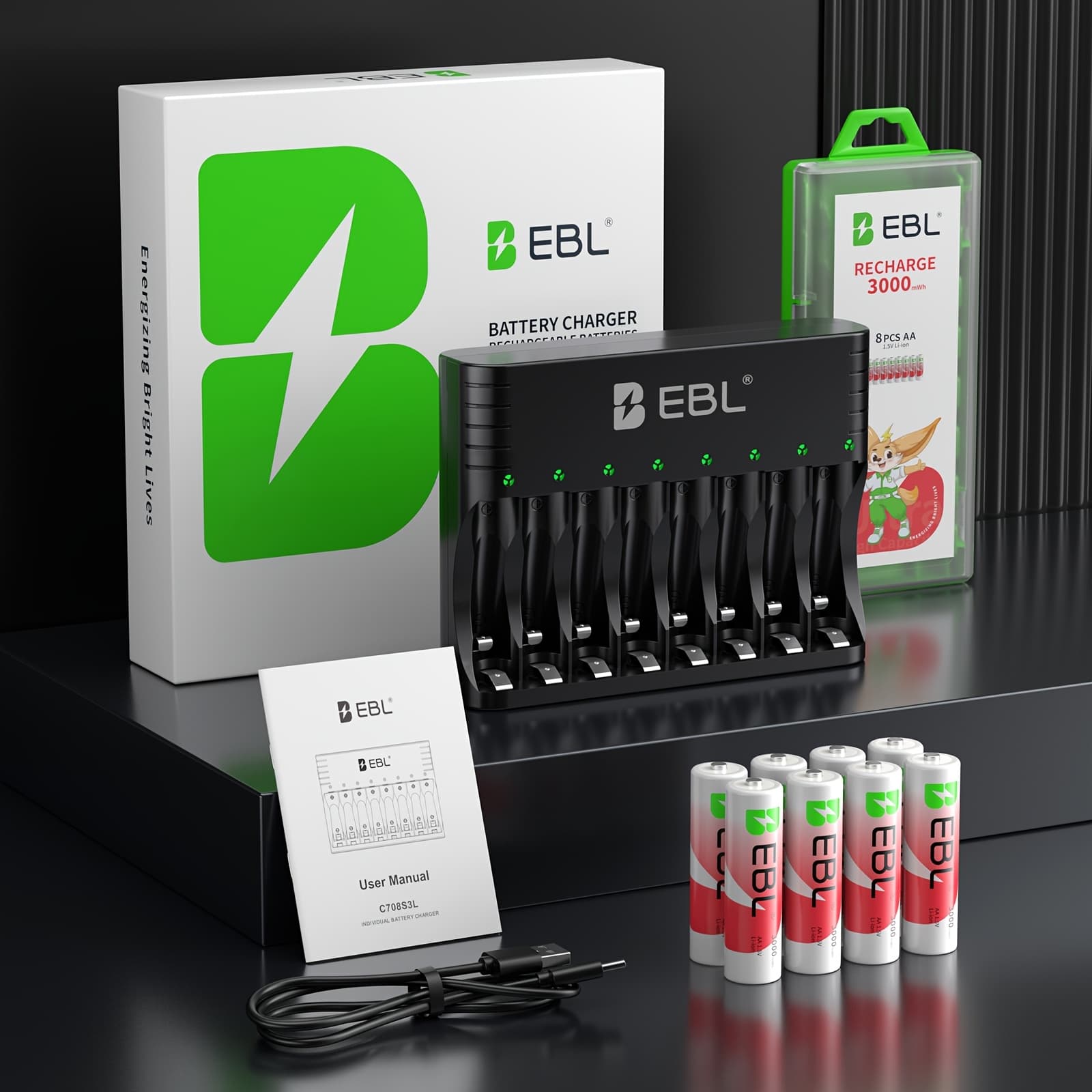 TEMU Ebl (8 Pack) 1.5v Aa Rechargeable Batteries 3000mwh Lithium Battery With Charger