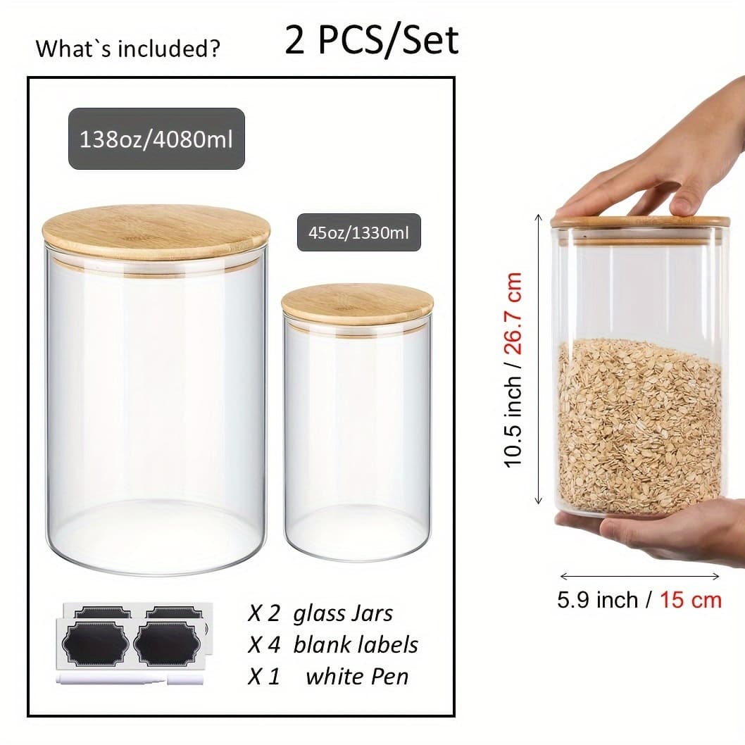 TEMU 2pack Large Glass Food Storage Jar, (138oz+45oz) Glass Flour Canister With Airtight Bamboo Lids For Kitchen Corner, Bpa-free Flour Container For Sugar, Ground Coffee, Rice And Dry Food
