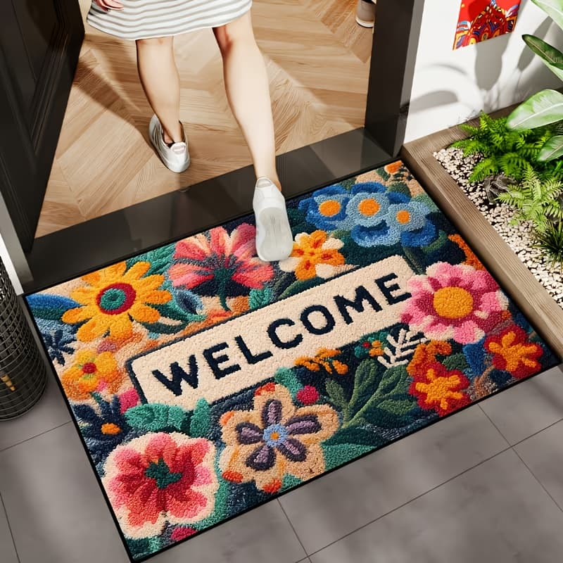 TEMU 1pc Vibrant Floral Welcome Mat - Non-slip, Machine Washable Polyester Mat With Vibrant For Indoor/outdoor Use, Areas - Perfect Valentine's Day Gift & Decor, Indoor Outdoor Mat