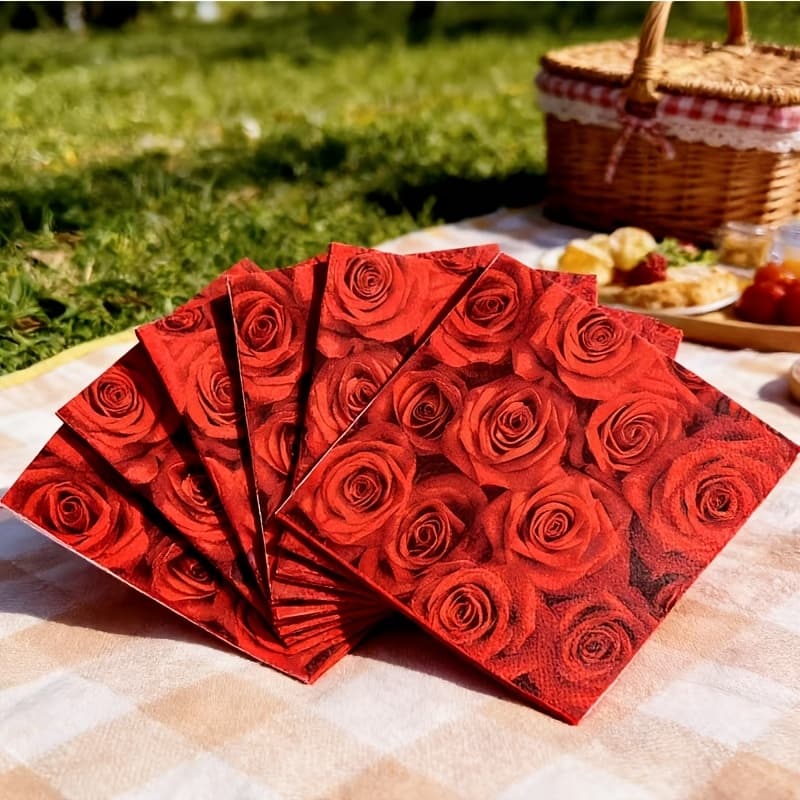 TEMU 20pcs 's Day Party Napkins Western Restaurant Party Wedding Rose Flower Tissues Glass Napkins Anniversary Decoration Disposable Supplies