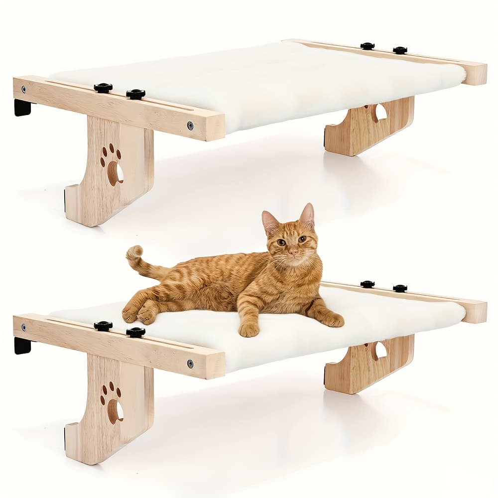 TEMU Premium Wooden Cat Perch And Hammock - Heavy-duty 40lbs Load Bearing, Multi-location Mount For Window, Wall, Cabinet | Extra-wide Platform With , Safe For Large Cats