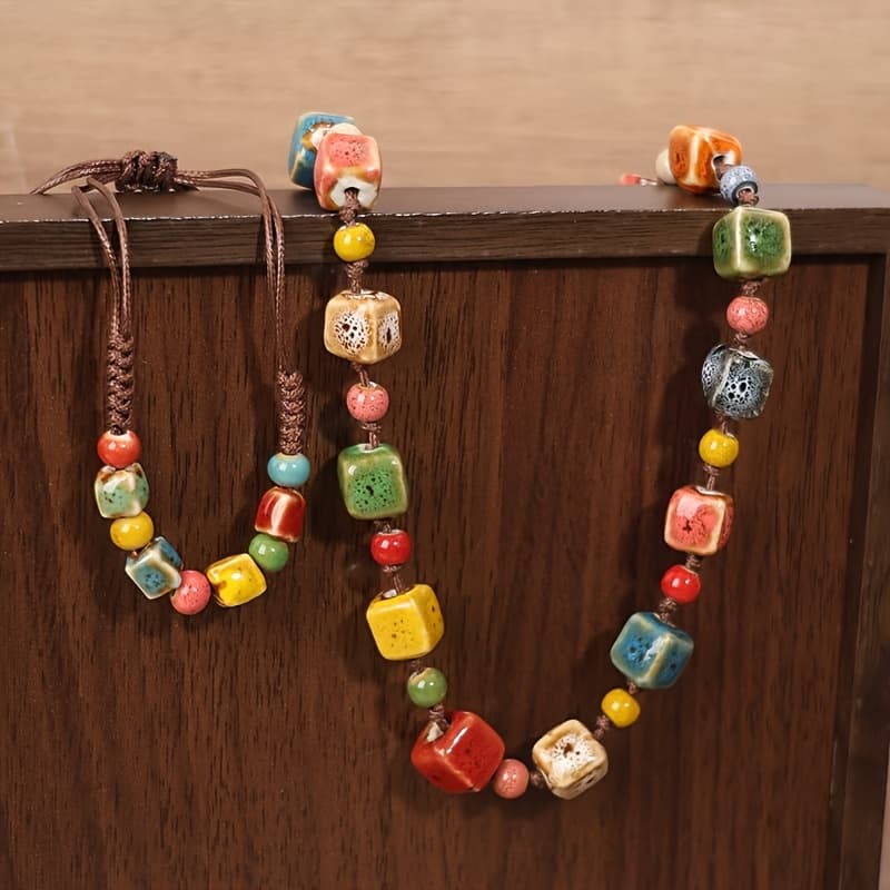 TEMU Set Of 2: 1 Necklace And 1 Bracelet, Dopamine Ceramic Necklace With Colorful Beads, Handmade Adjustable Length Necklace For Women's Fashion Accessories