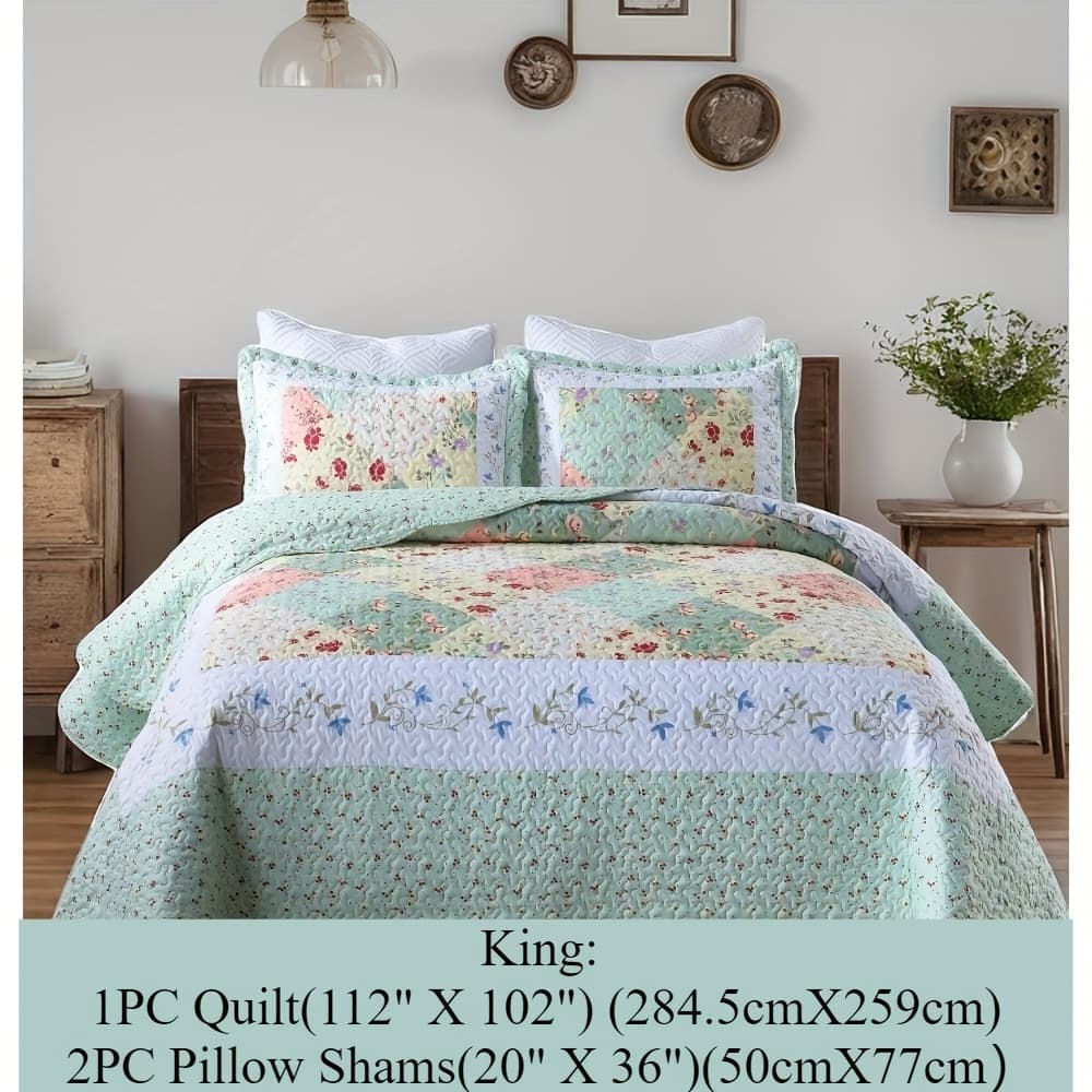 TEMU 3pcs Green Floral Print Quilt Bedspreads Set, 100% Microfiber Cover Quilted Production, Breathable And Comfortable Quality, Handmade , Family Coverlets Set Queen/king Set