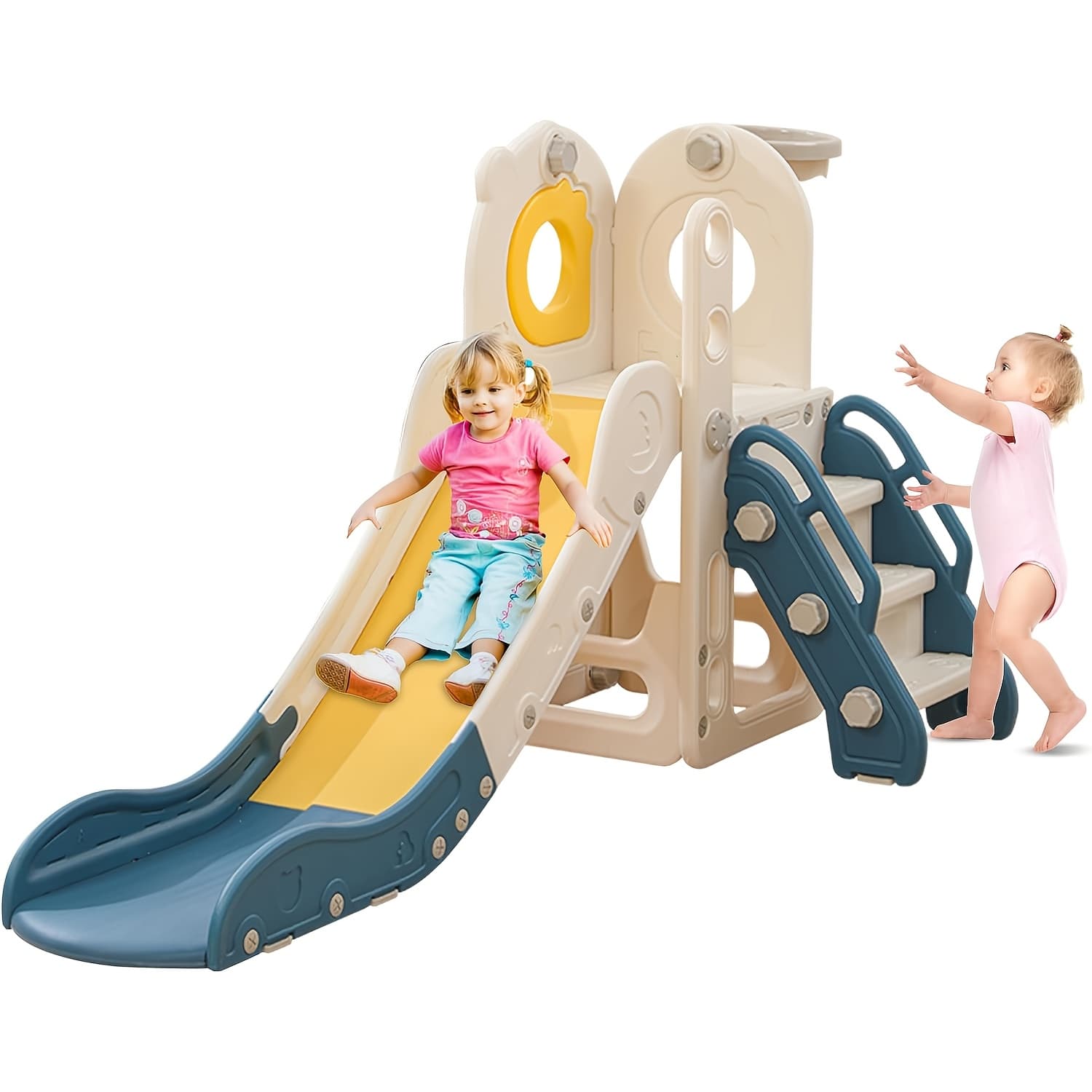 TEMU Freestanding Toddler Slide, 5in 1 Kids Indoor Slide For Toddlers 1-3, L Shaped Slide With Basketball Hoop, Baby Slide For Indoor Outdoor For Boys And Girls Birthday, Sturdy Playground Toy