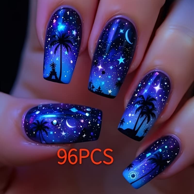 TEMU 96pcs Coconut Silhouette & Starry , Star Night Nail Set - Highlighting Coconut Tree Under The Starry ; Featuring Stars & Night , Removable Press-on Fake Nails
