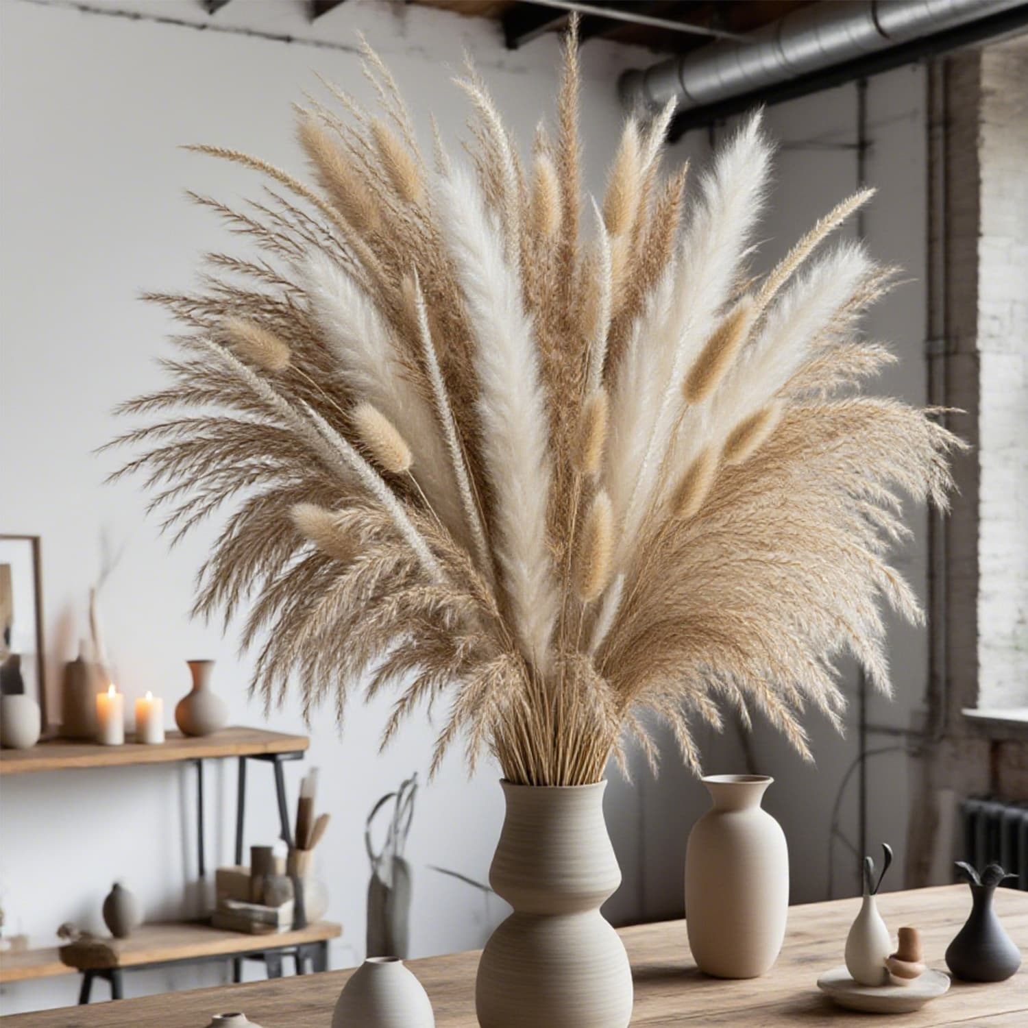 TEMU 221pcs Pampas Grass , Mixed Pampas Grass Bouquet | Dried Pampas Arrangement For Bohemian Weddings, Home Table And Desk Decoration, Rustic Farmhouse Style, In White, Brown, And Cream