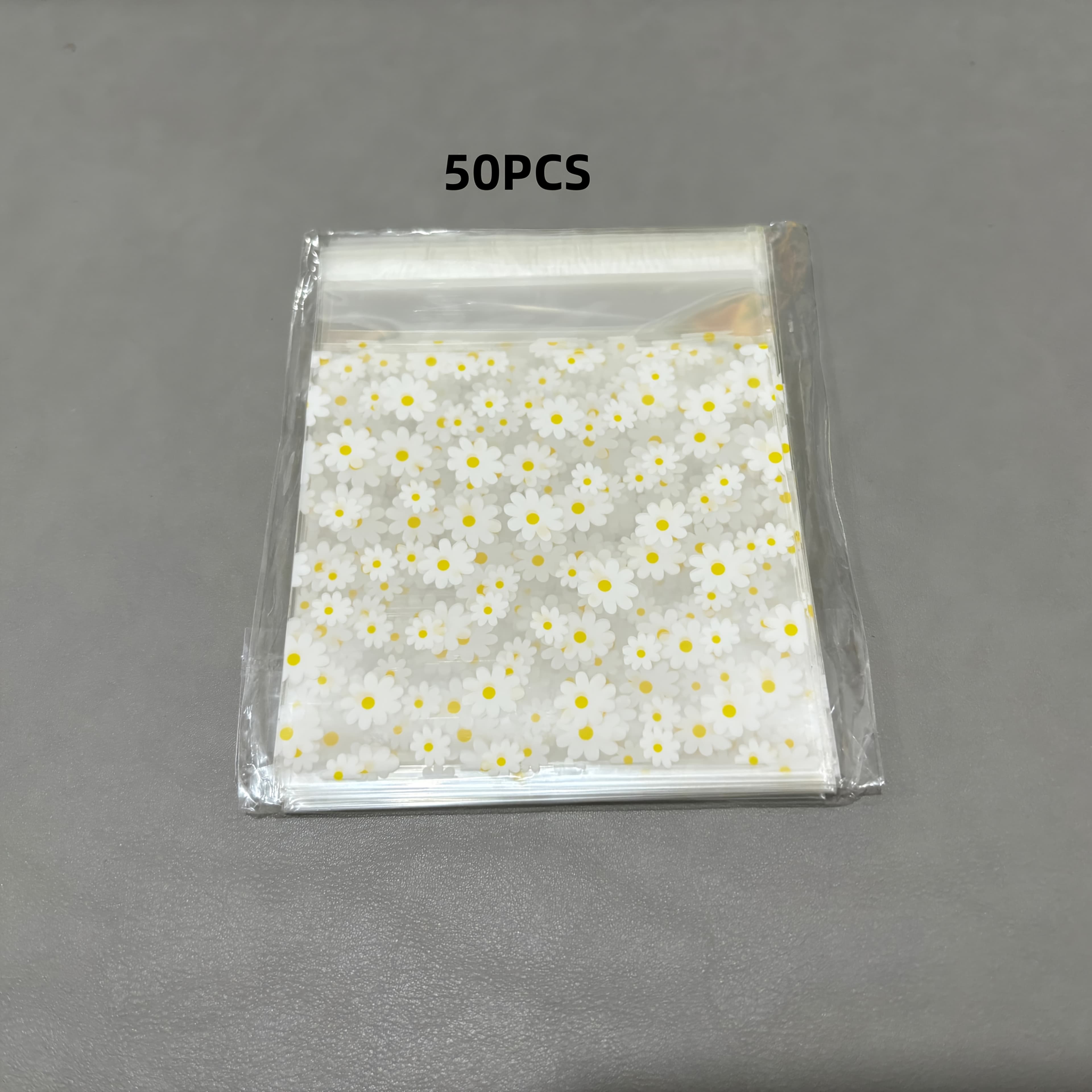 TEMU 50pcs Daisy Print Self-adhesive Plastic Gift Bags, Polypropylene Material Transparent Packaging For Jewelry And Presents