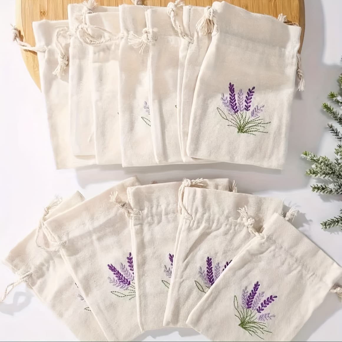 TEMU Gift For Her/him 12pcs Lavender Embroidered Canvas Bag, Small Drawstring Pouch For Jewelry Storage, Wedding Party Gift Bag