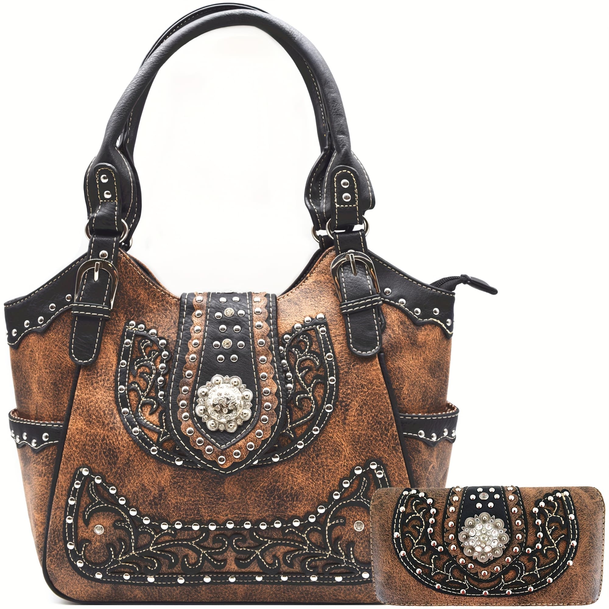 TEMU Women' Western Cowgirl & Studded Handbag And Wallet Set - Brown Purse With Zipper Closure, Suitable For Country, Ranch, Daily Use, Gift For Horse /equestrian Events