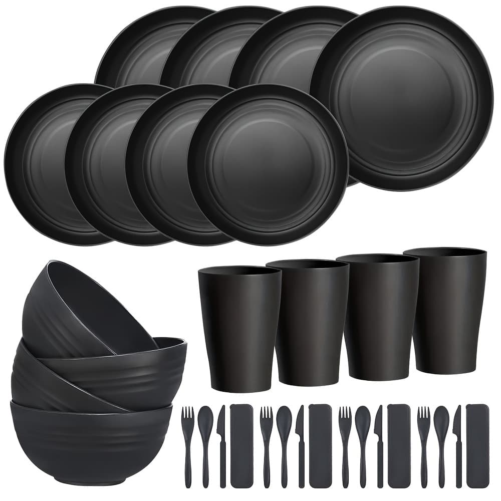 TEMU Kitchen Plastic Wheat Straw Dinnerware Set, Unbreakable Modern Dish Set - Dinner Plate/ Dessert Plate/ Cereal Bowl/ Cup, For Apartment Essentials, Outdoor Camping, , 16/32pcs
