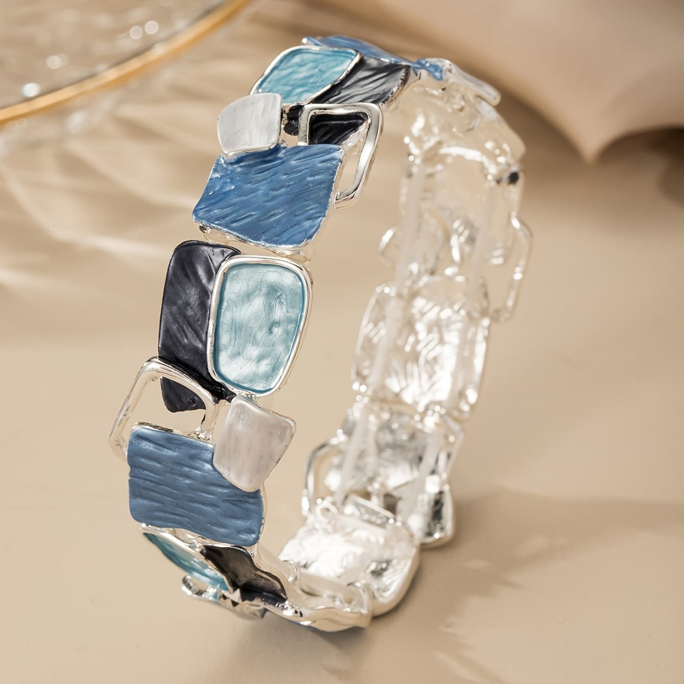 TEMU A Blue Geometric Square Elastic Bracelet Made Of Alloy With Enamel Drip, Adjustable And Elegantly Designed In A Bohemian , Beach Vacations And Casual Wear