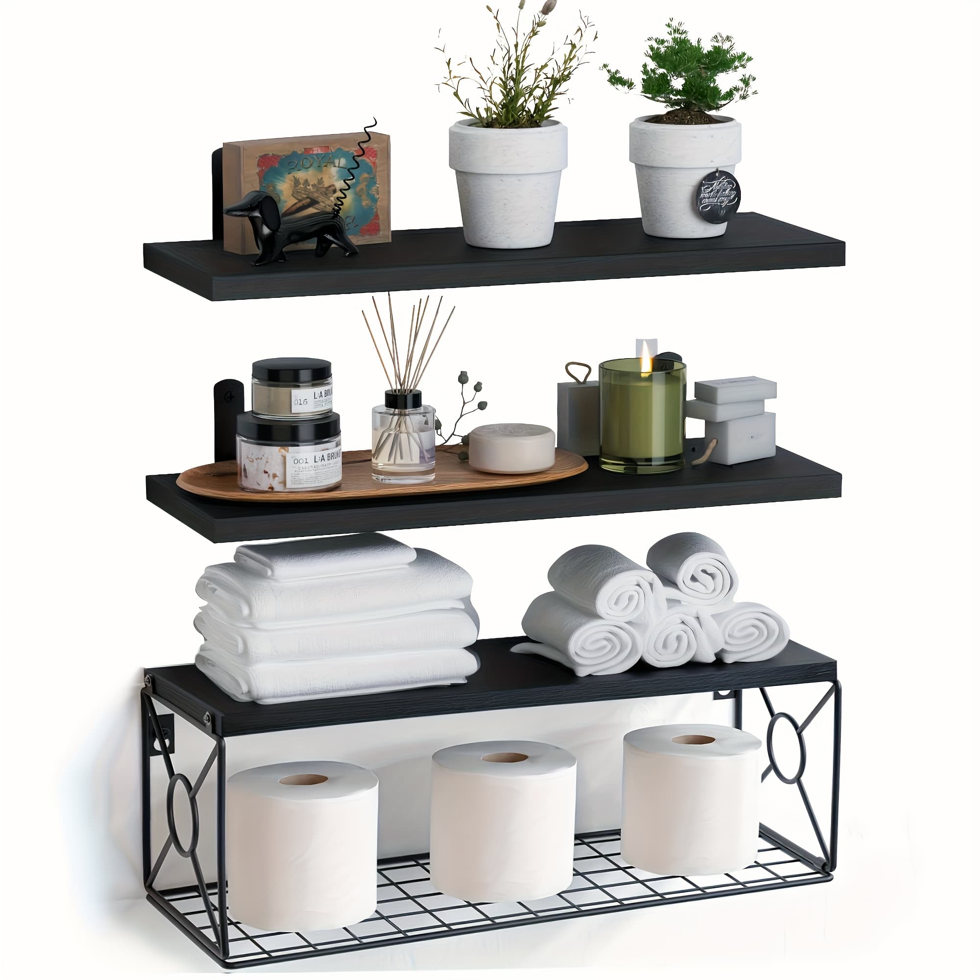 TEMU Set Of 3 Floating Shelves For Bathroom Storage Above The Toilet, Complete With A Storage Basket, Ideal For Organizing And Decorating Rooms Like The Bedroom, Kitchen, And Living Room